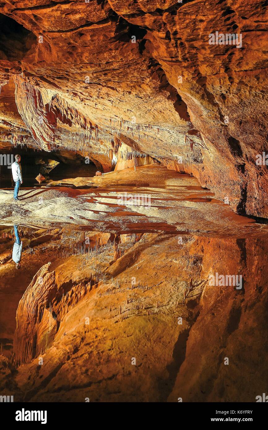France, Lot, listed at Great Tourist Sites in Midi Pyrenees, Natural regional park Causses du Quercy, Lacave, Lacave cave, visitor near the gours Stock Photo