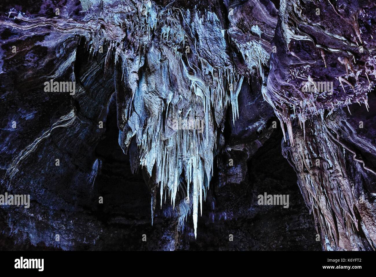 France, Lot, listed at Great Tourist Sites in Midi Pyrenees, Natural regional park Causses du Quercy, Lacave, Lacave cave, illuminated stalactites by ultraviolet light Stock Photo