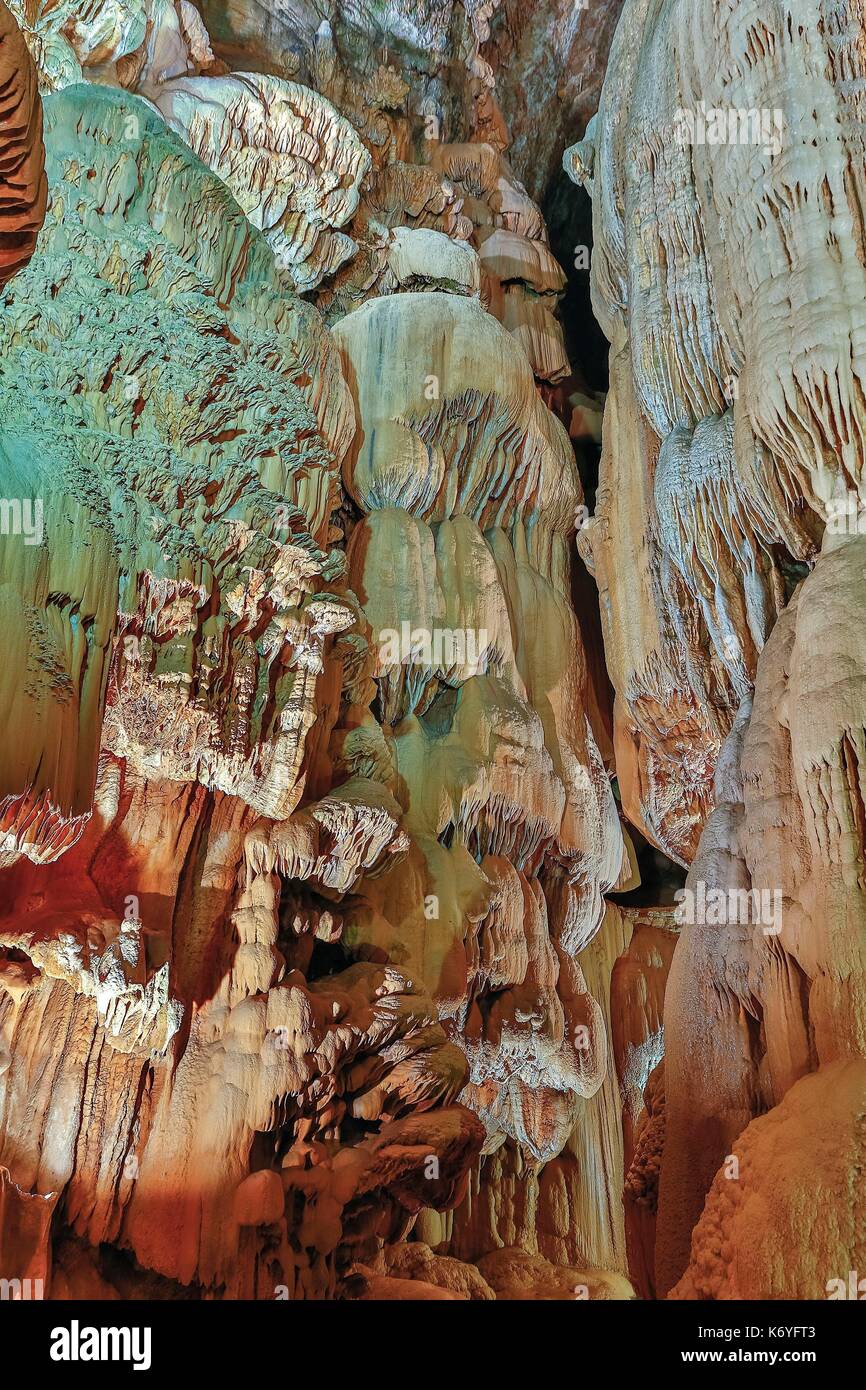 France, Lot, listed at Great Tourist Sites in Midi Pyrenees, Padirac, Padirac gulf, Natural regional park Causses du Quercy, stalactites, columns and draperies of the cave Stock Photo