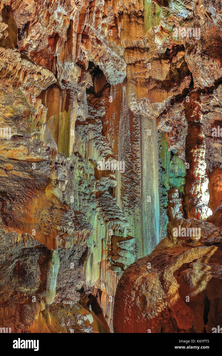 France, Lot, listed at Great Tourist Sites in Midi Pyrenees, Padirac, Padirac gulf, Natural regional park Causses du Quercy, stalactites, columns and draperies of the cave Stock Photo