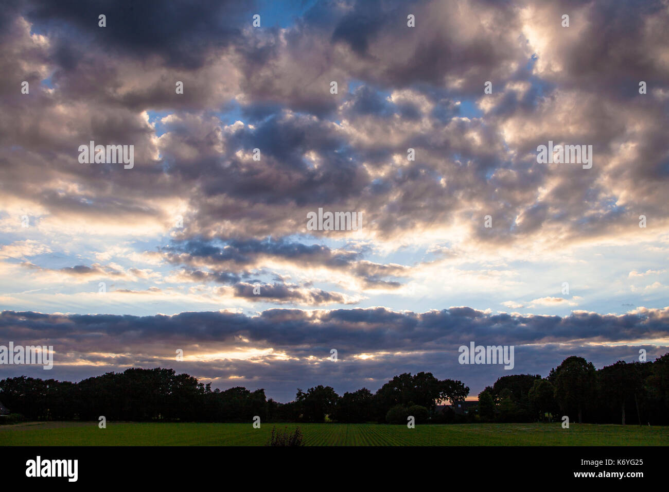 Europe, Germany, North Rhine-Westphalia, Lower Rhine region, evening sky, fields near Hamminkeln-Marienthal.   Europa, Deutschland, Nordrhein-Westfale Stock Photo