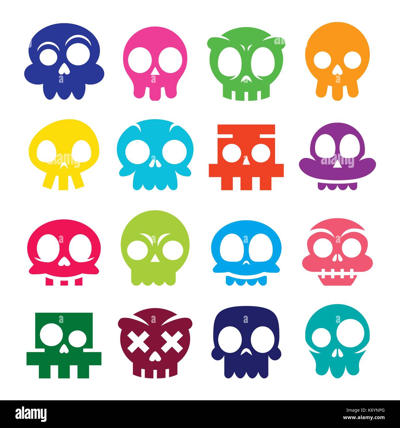 Halloween vector cartoon skull icons, Mexican cute sugar skulls design set, Dia de los Muertos Stock Vector