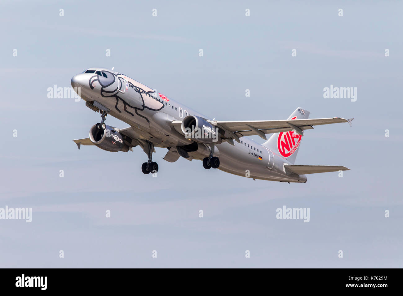 DŸsseldorf International Airport, Germany, Niki Airline plane takes off, Stock Photo