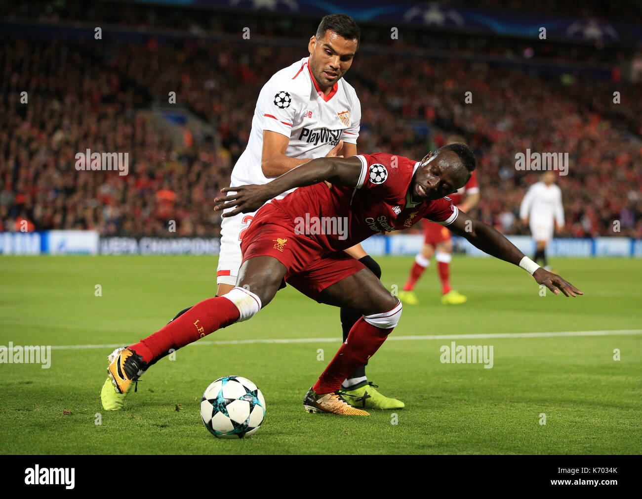 Sevilla's Gabriel Mercado and Liverpool's Sadio Mane battle for the  ballduring the UEFA Champions League, Group E match at Anfield, Liverpool  Stock Photo - Alamy