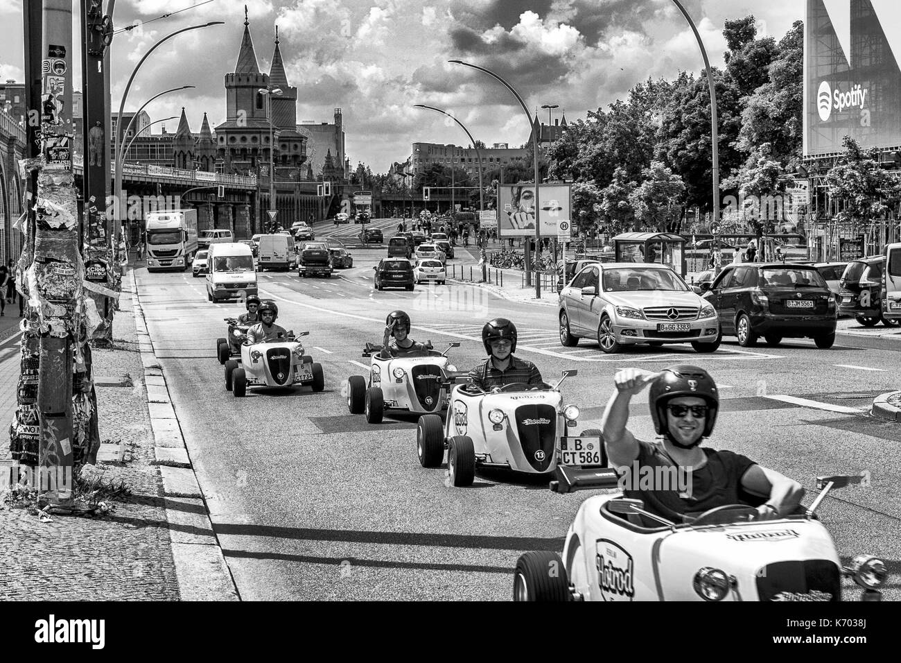 Germany A group of small racing cars travels along Warschauer Strasse, in Berlin Stock Photo