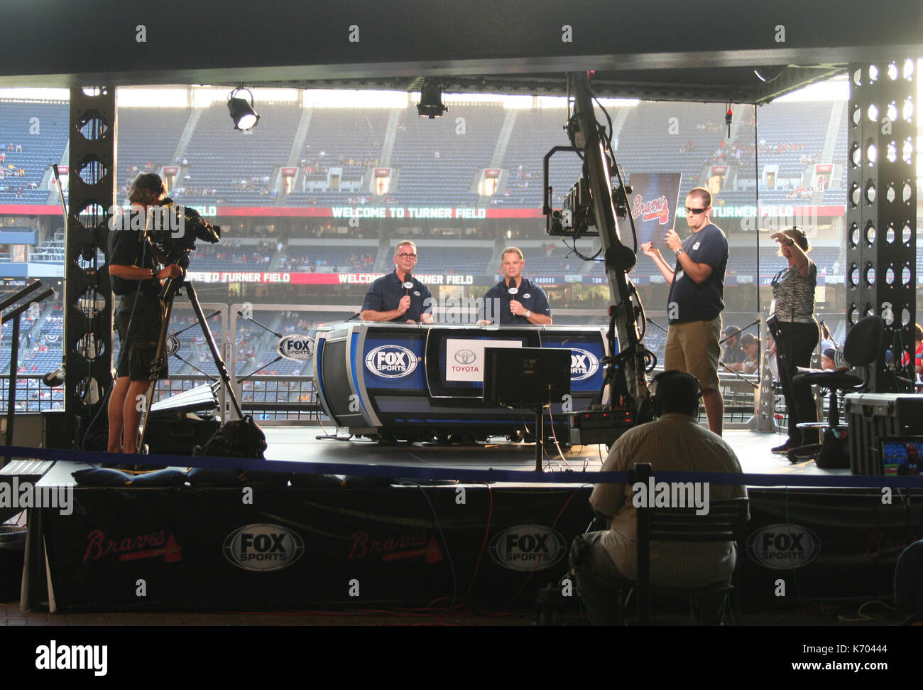 Atlanta, Georgia: August 28, 2014: The Fox news channel team prepare for a live broadcast from Turner Stadium at the Atlanta Braves game Stock Photo