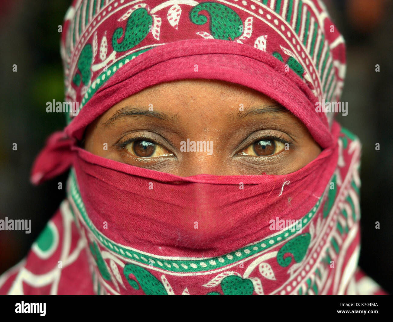 Mature Indian woman with beautiful brown eyes, covering her hair and face with a trendy secular headscarf; Jagdalpur, Chhattisgarh, India Stock Photo