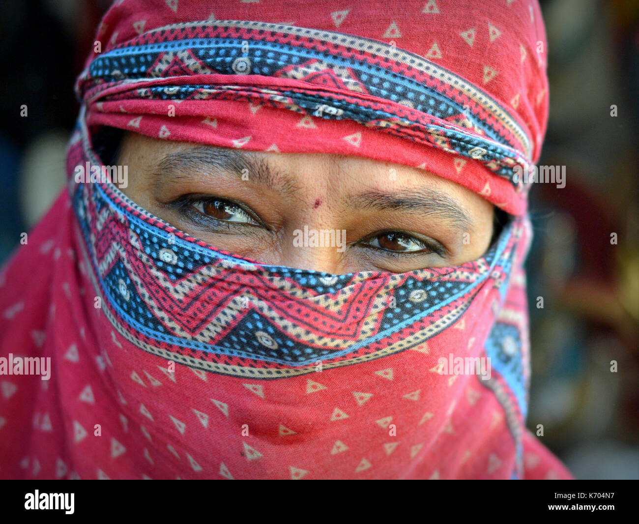 Indian Hindu woman with beautiful eyes covers her hair and face with a trendy secular head scarf and poses for the camera. Stock Photo