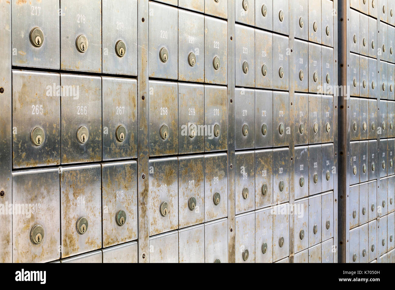 Wall of deposit safe boxes in a bank Stock Photo