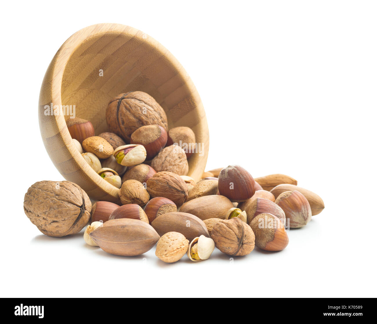 Different types of nuts in the nutshell. Hazelnuts, walnuts, almonds, pecan nuts and pistachio nuts isolated on white background. Stock Photo