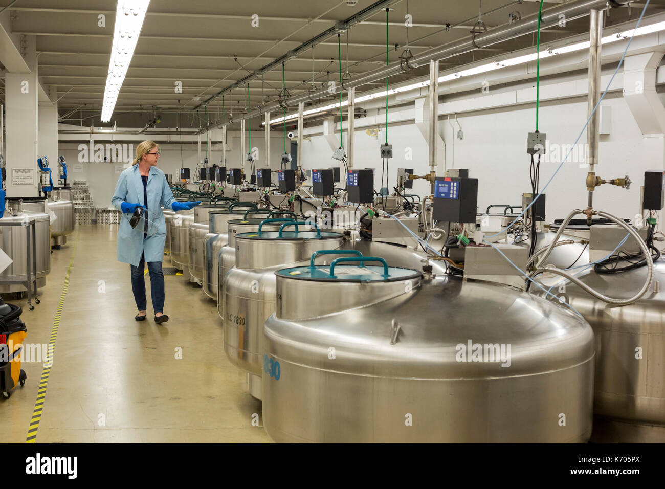 Fort Collins, Colorado - Amy Gurza, a biological science technician, walks past tanks of liquid nitrogen that store seeds, sperm, and other germplasm  Stock Photo