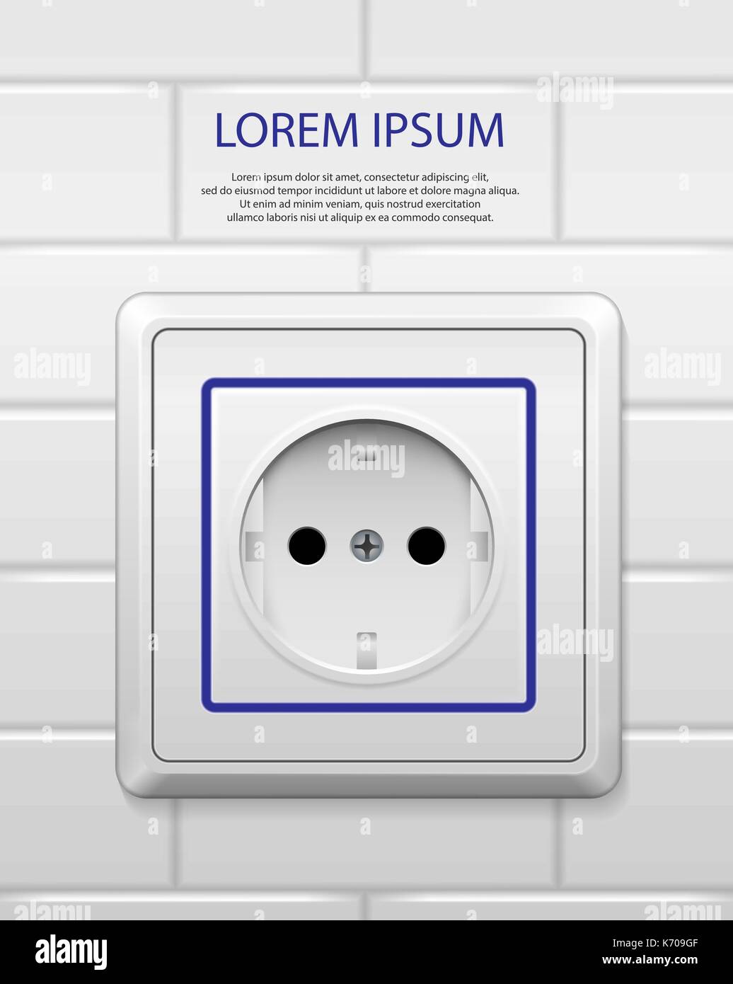 White power socket with shadow isolated. Realistic socket of european standard with blue line on white brick wall. electrical outlet vector illustration Stock Vector