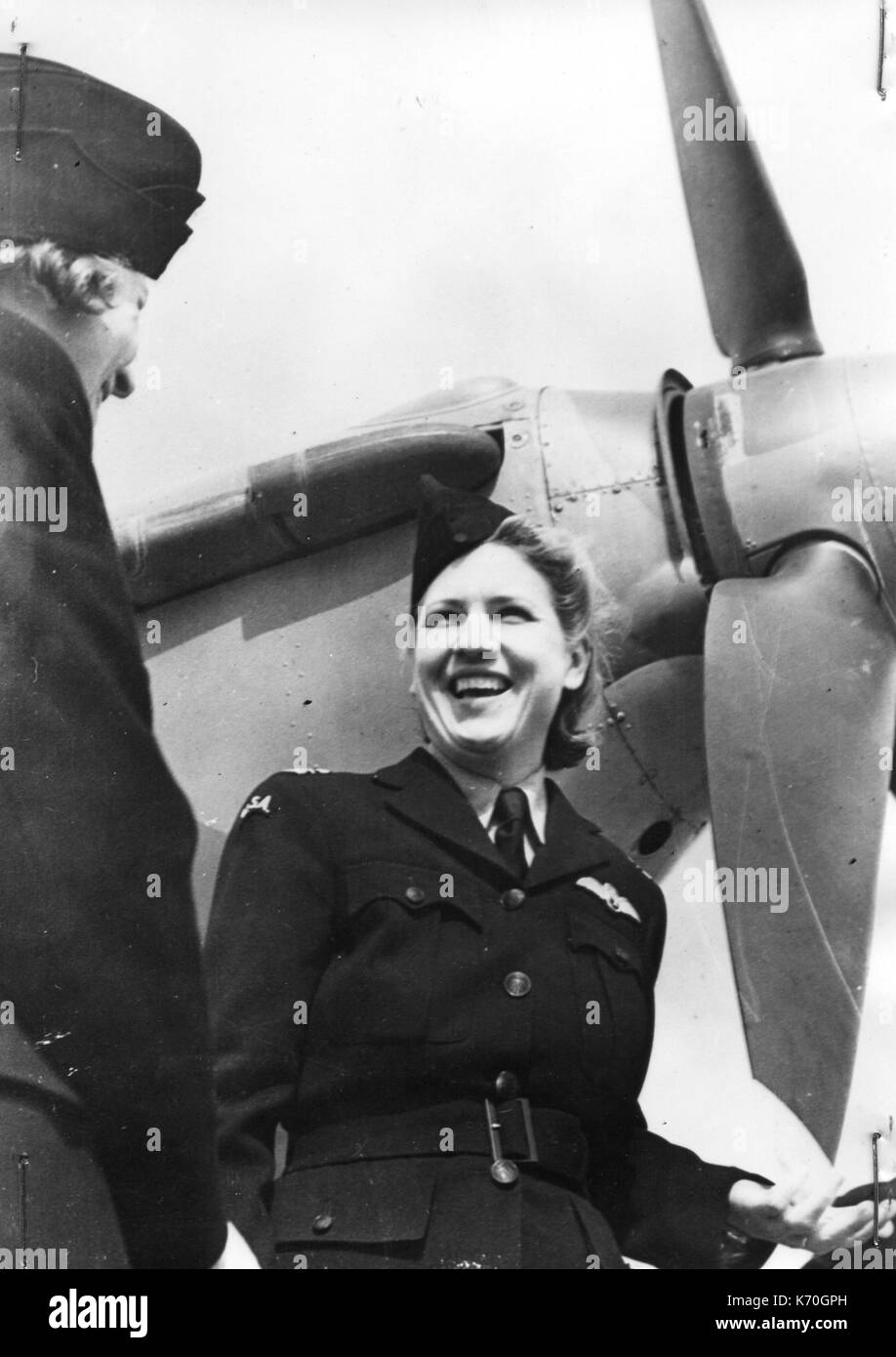 AMERICAN WOMEN WHO FLY WARSHIPS TO THE MEN WHO FLY THEM AGAINST AXIS -- Leader of the U.S. group, Flight Captain Jacqueline Cochran, holder of numerous U.S. and international speed and altitude records. June 13, 1942. Stock Photo