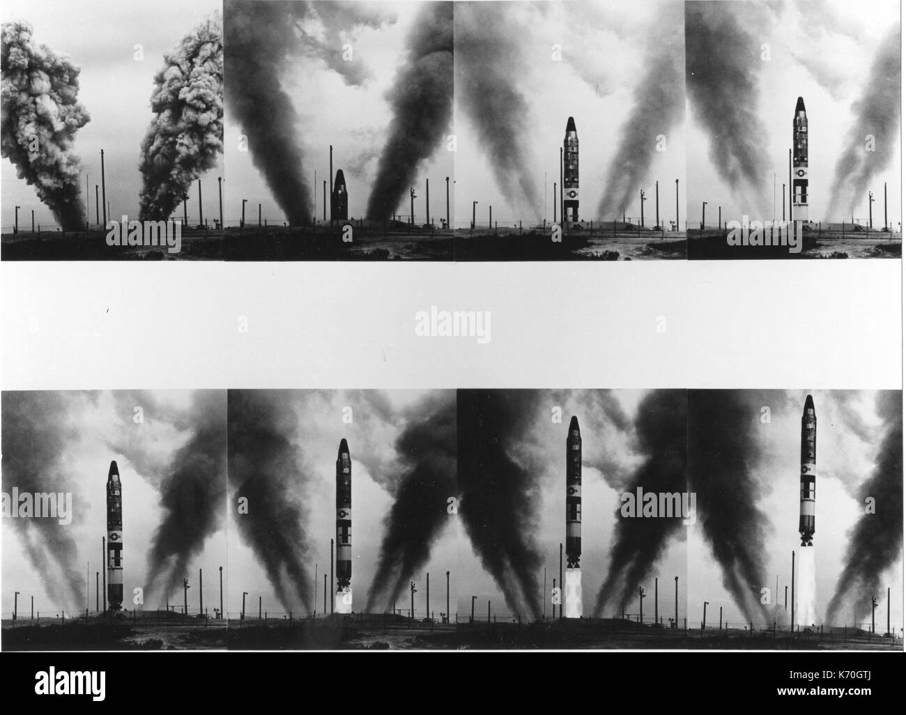 Photo series showing the launch sequence of a Titan II missile. 1963. Stock Photo