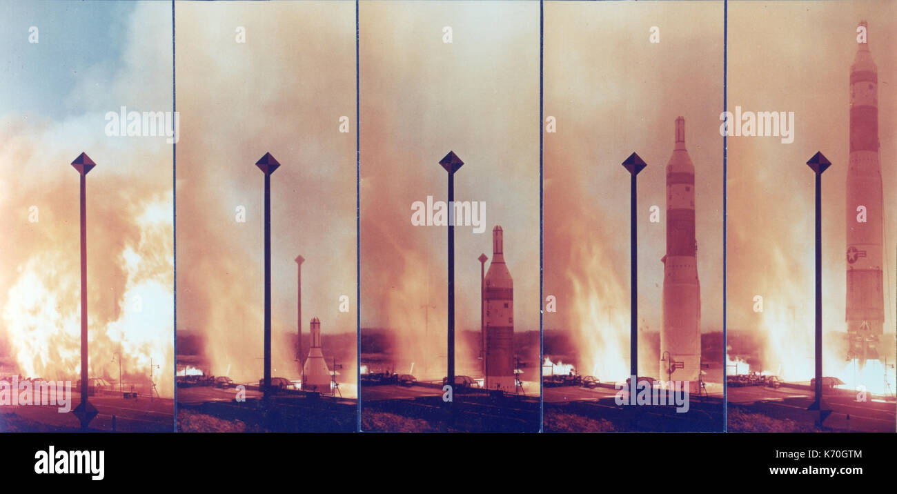 Sequence of five exposures showing Titan I silo launch from ignition, emergence and life-off. Vandenburg Air Force Base, California, May 1961. Stock Photo