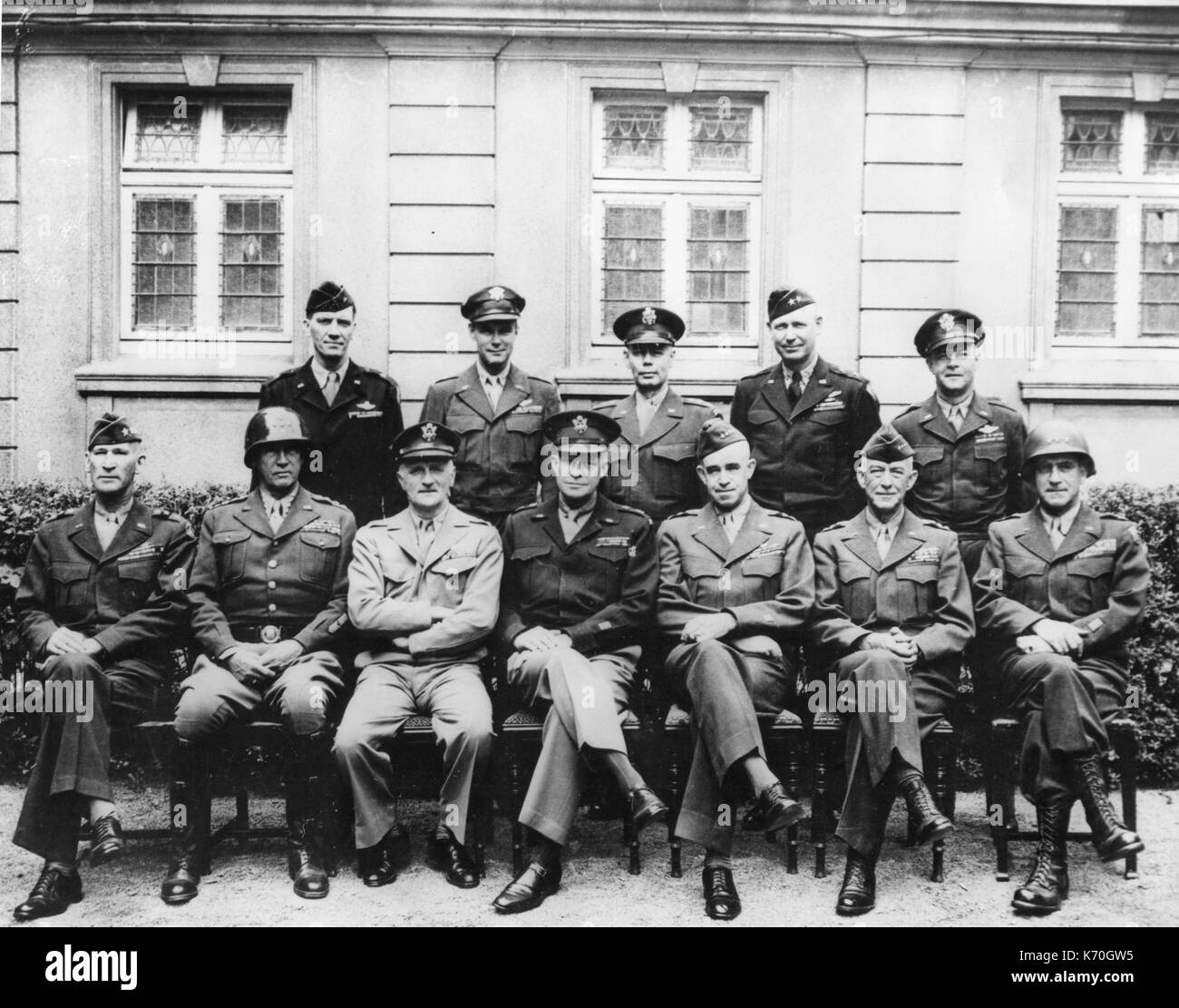 The brass that won the war. Seated l-r are Simpson, Patton, Spaatz, Eisenhower, Bradley, Hodges and Gerow. Standing are Stearley, Vandenburg, Smith, Vanderberg, Smith, Weyland and Nugent. 1945. Stock Photo