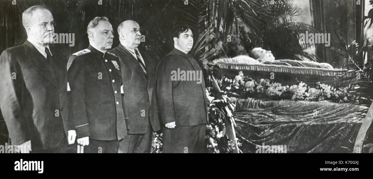 1953, Moscow, Russia - Joseph Stalin at the House of the Union, Mar 8, 1953. Beside his casket L-R: V.W. Molotov; K.E. Voroshilov; P. Beria; and C.M. Malenkov. Stock Photo