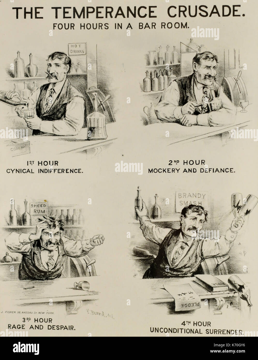 19th-century Temperance poster -' Four Hours in a Bar Room' describing the evils of strong drink. Stock Photo