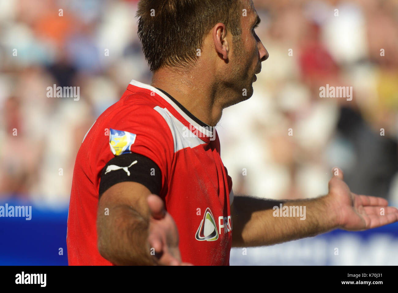 Moscow, Russia - July 13, 2014: Belarus team captain Vadzim Bokach in the match with Greece during Moscow stage of Euro Beach Soccer League. Belarus w Stock Photo