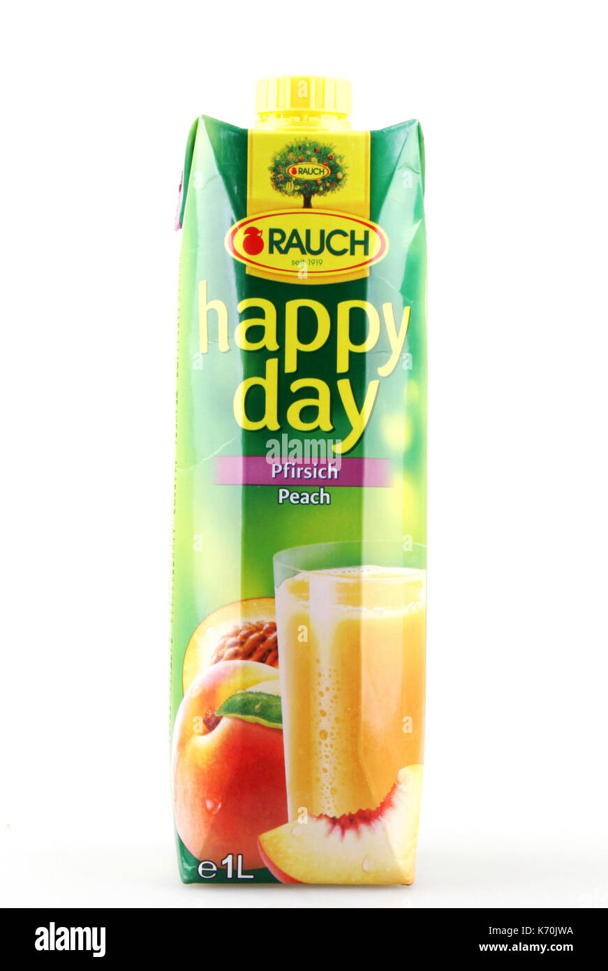 Pomorie, Bulgaria - September 13, 2017: Natural Fruit Juice Rauch. Rauch is an Austrian beverage company based in Rankweil. It was founded in 1919. Stock Photo