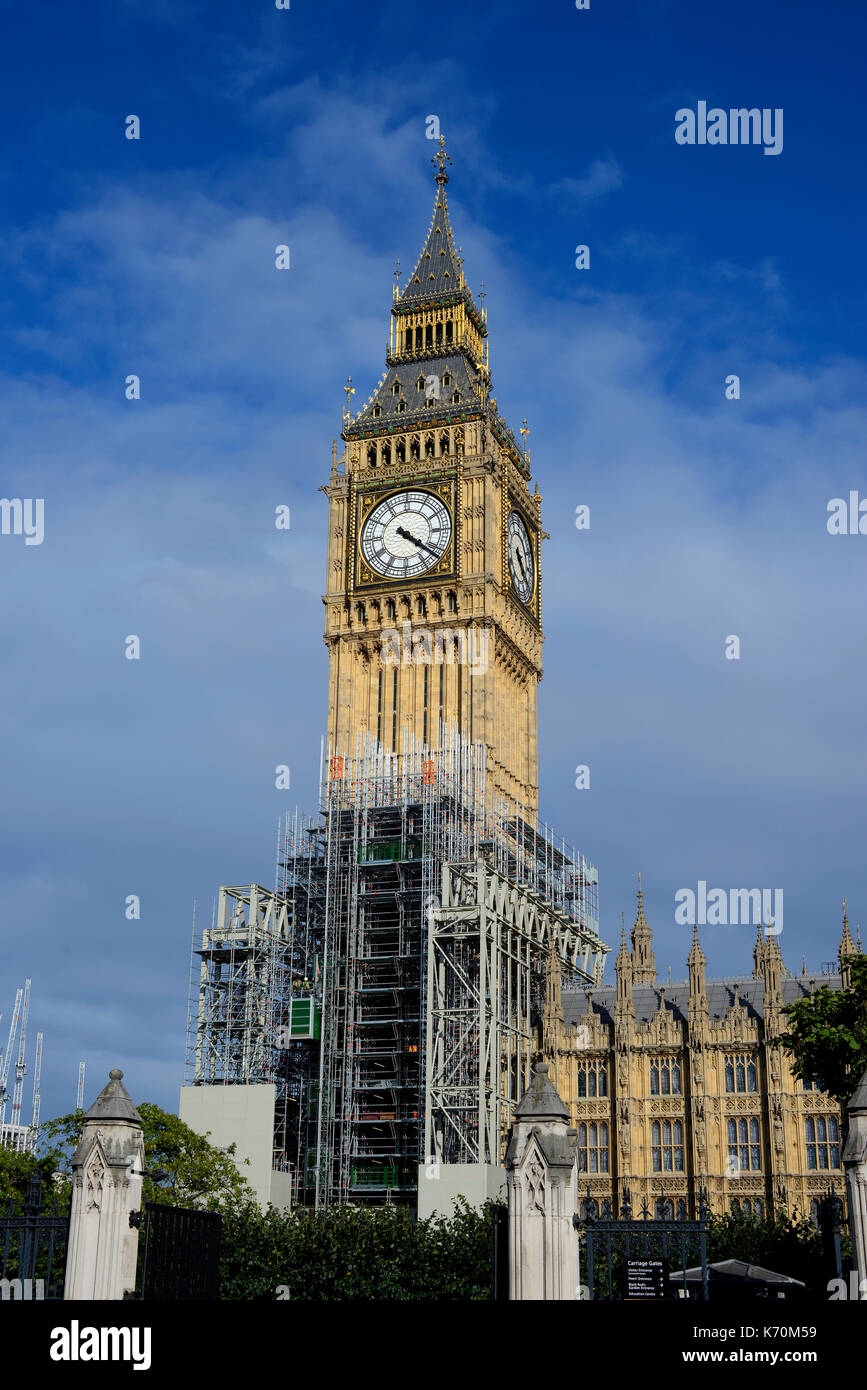 Restoration work in progress on Palace of Westminster Houses of Parliament, London, UK. Restoration and Renewal Programme. Scaffolding. Stock Photo