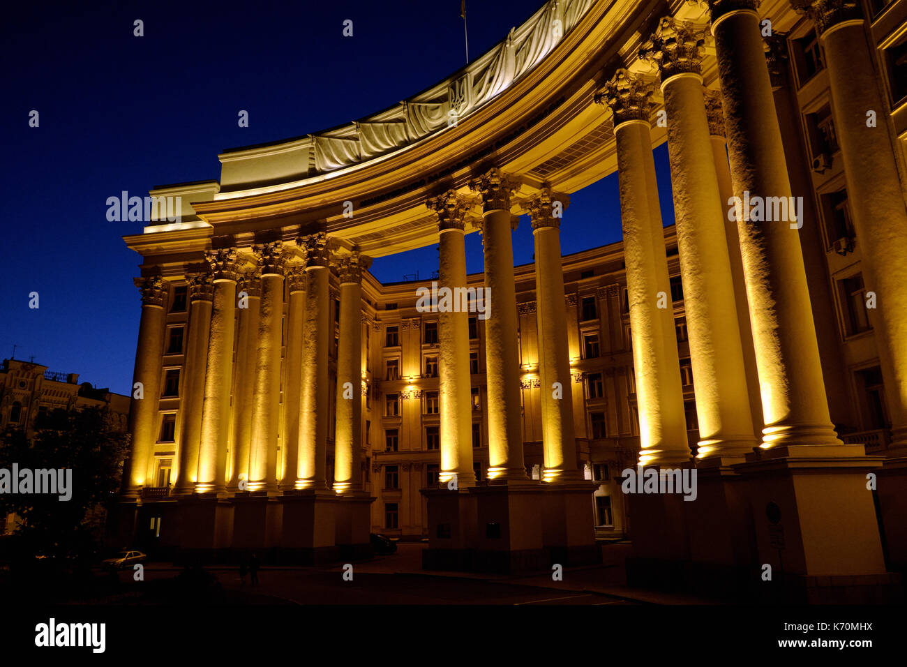 Kyiv, Ukraine - June 10, 2017: Illuminated building of the Ministry of Foreign Affairs of Ukraine at late evening against the blue sky Stock Photo