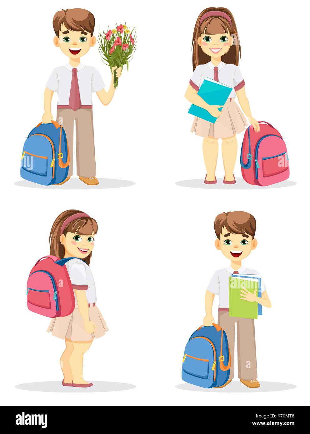 Schoolboy And Schoolgirl With Backpack Coming Back To School Cute Smiling Boy And Girl Cartoon Characters Set Of Four Vector Illustrations Stock Vector Image Art Alamy