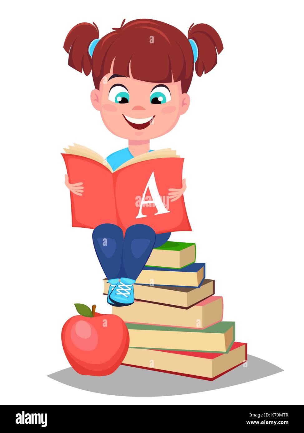 Back to school. Cute girl holding primer and sitting on a stack of books.  Pretty little schoolgirl. Cheerful cartoon character. Vector illustration  Stock Vector Image & Art - Alamy