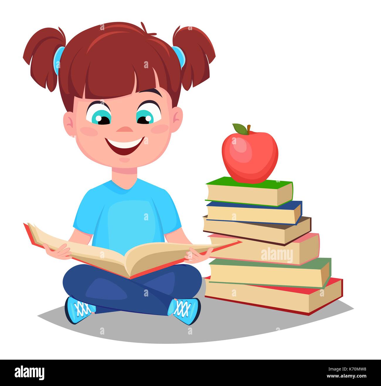 Back to school. Cute girl reading book and sitting near a stack of books.  Pretty little schoolgirl. Cheerful cartoon character. Vector illustration  Stock Vector Image & Art - Alamy