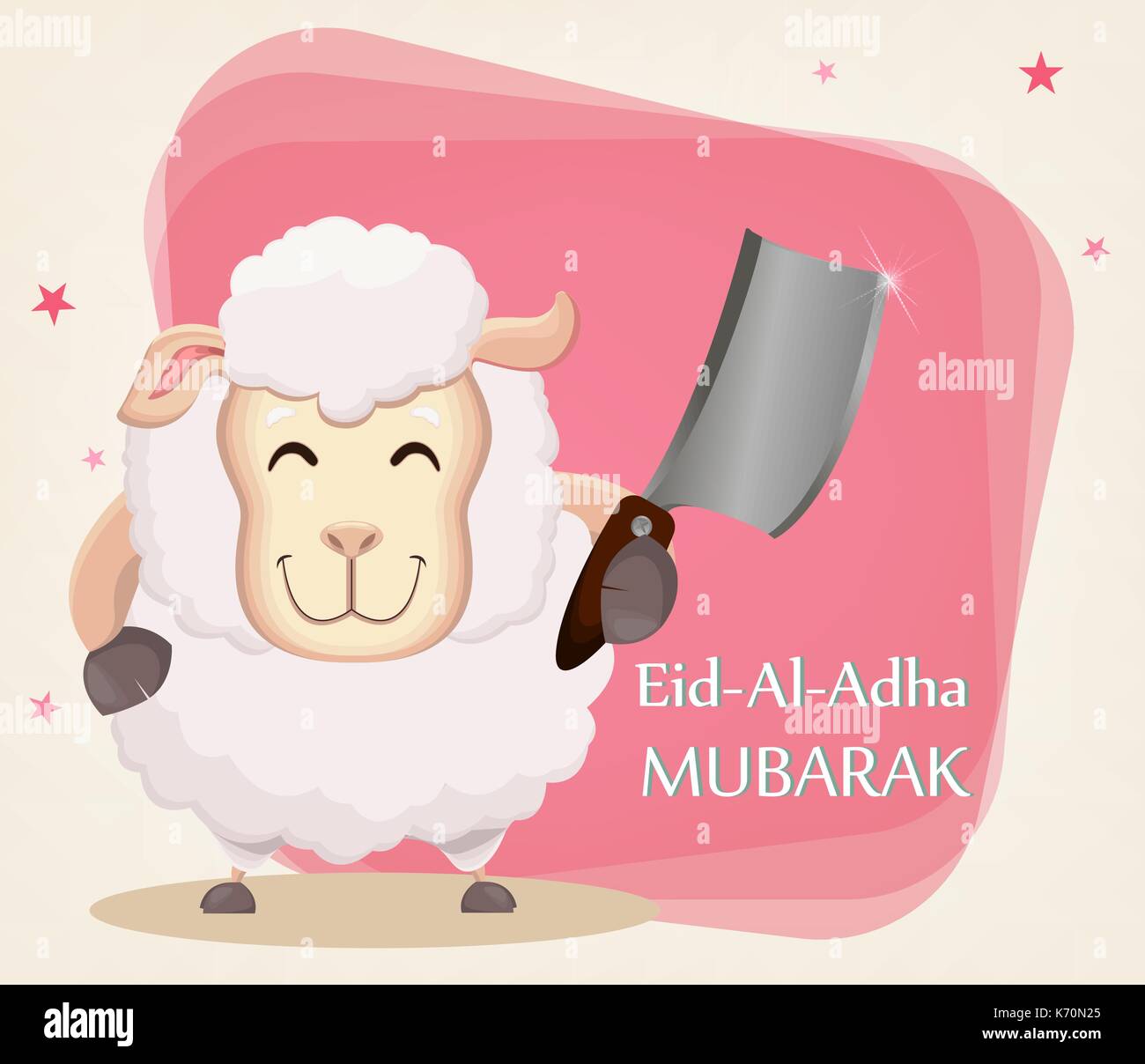 Festival of sacrifice Eid al-Adha. Traditional muslin holiday. Greeting card with funny sheep holding cleaver. Vector illustration Stock Vector