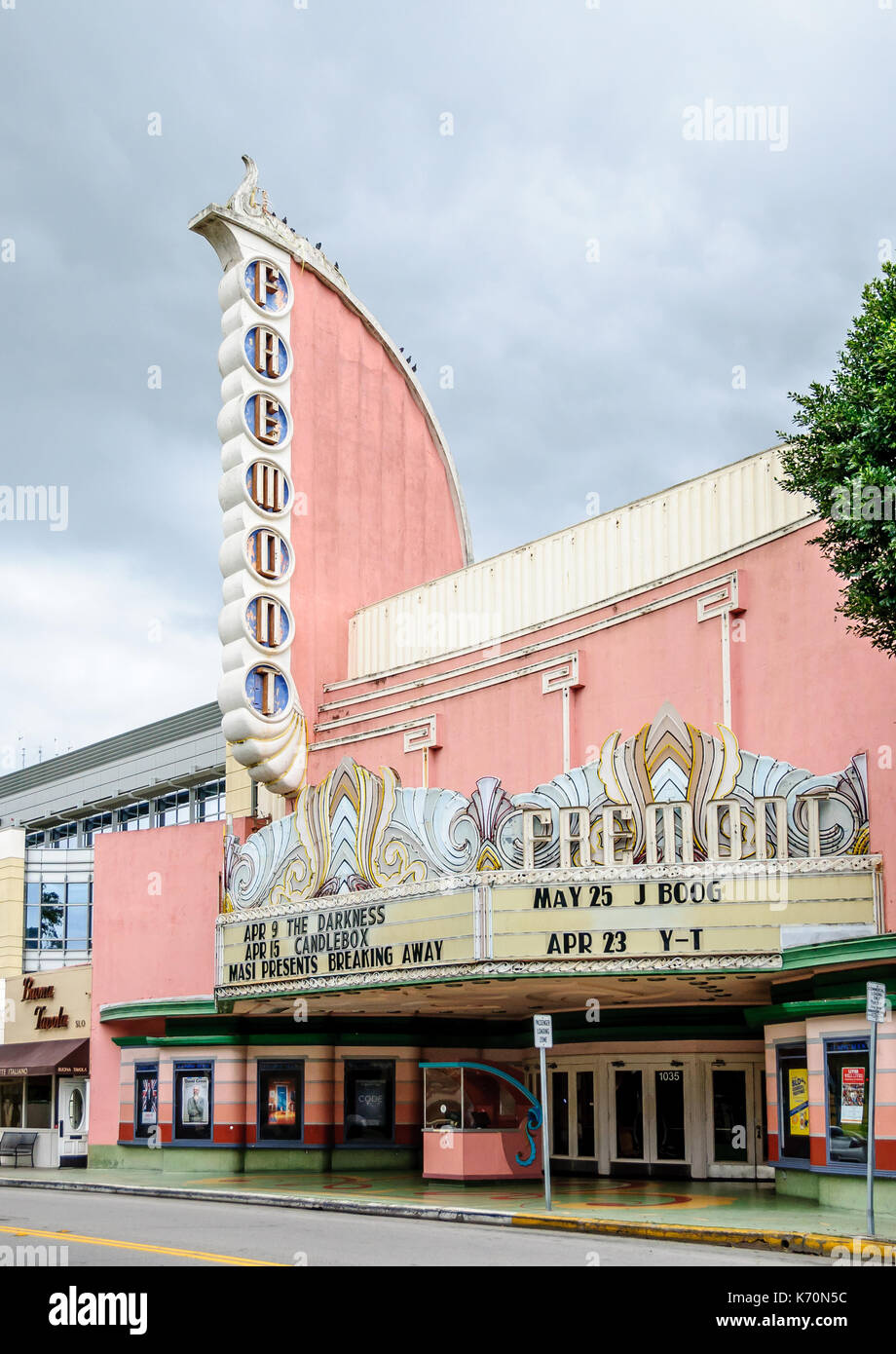 Fremont Theater in San Luis Obispo, a pink art deco landmark in California, among the last Streamline Moderne theaters by architect S. Charles Lee. Stock Photo