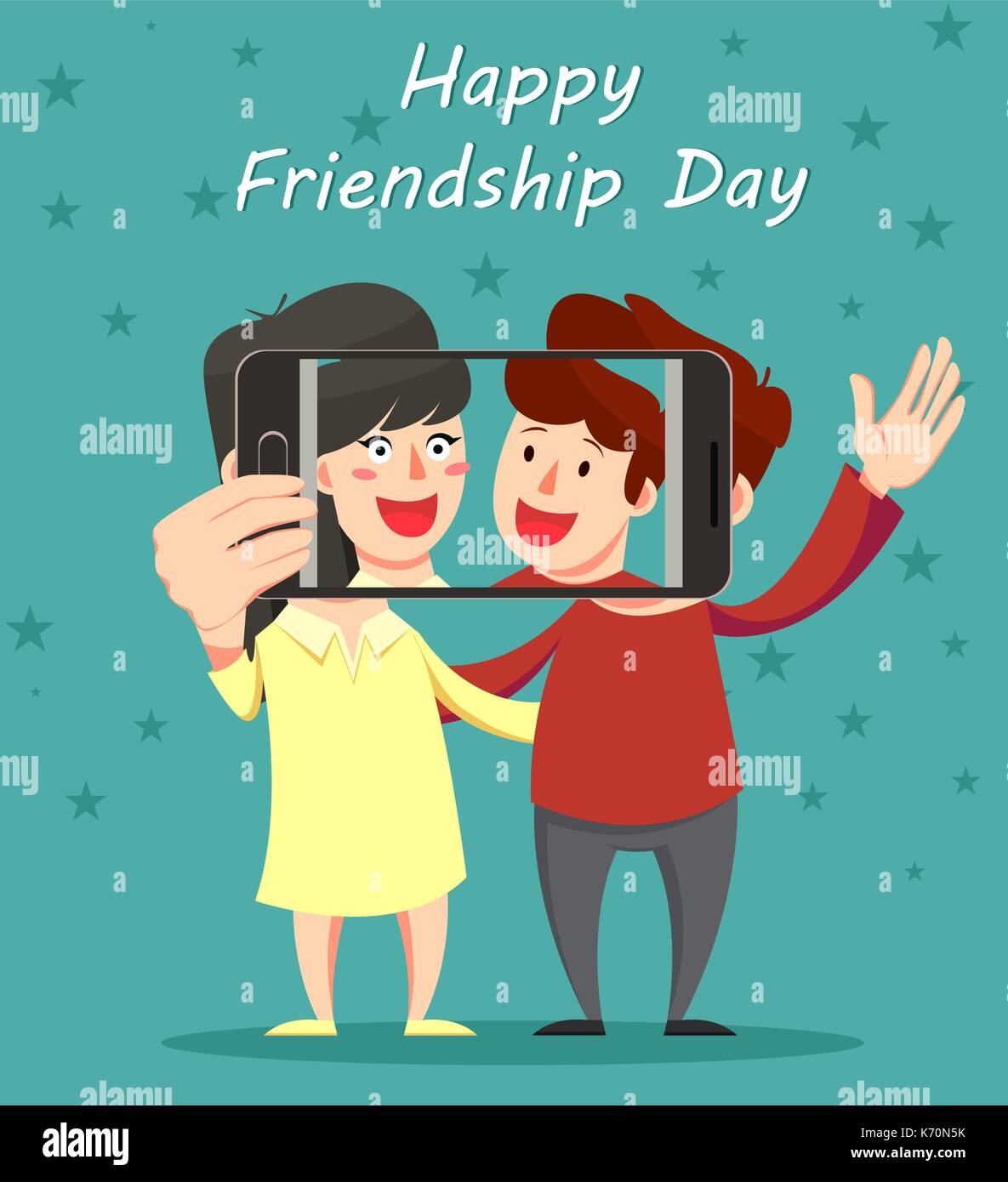 Happy Friendship day greeting card. Friends hugging, smiling and making