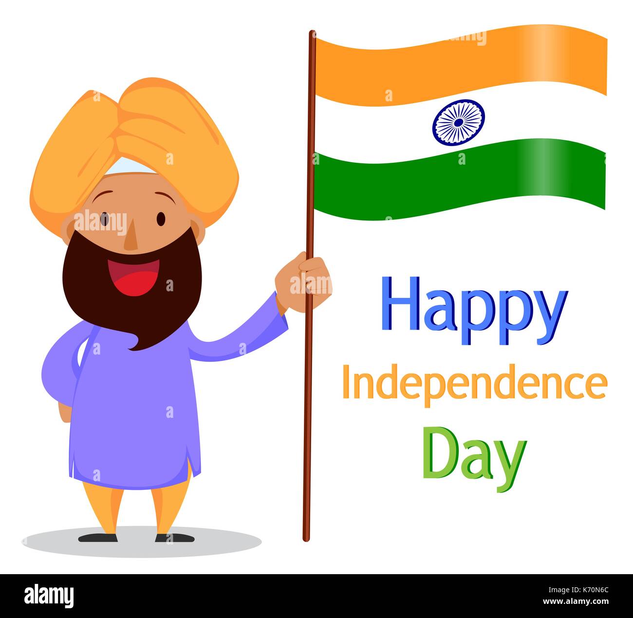 Independence Day in India. Greeting card with funny cartoon character.  Indian bearded man in a turban holding national flag. Vector illustration  Stock Vector Image & Art - Alamy