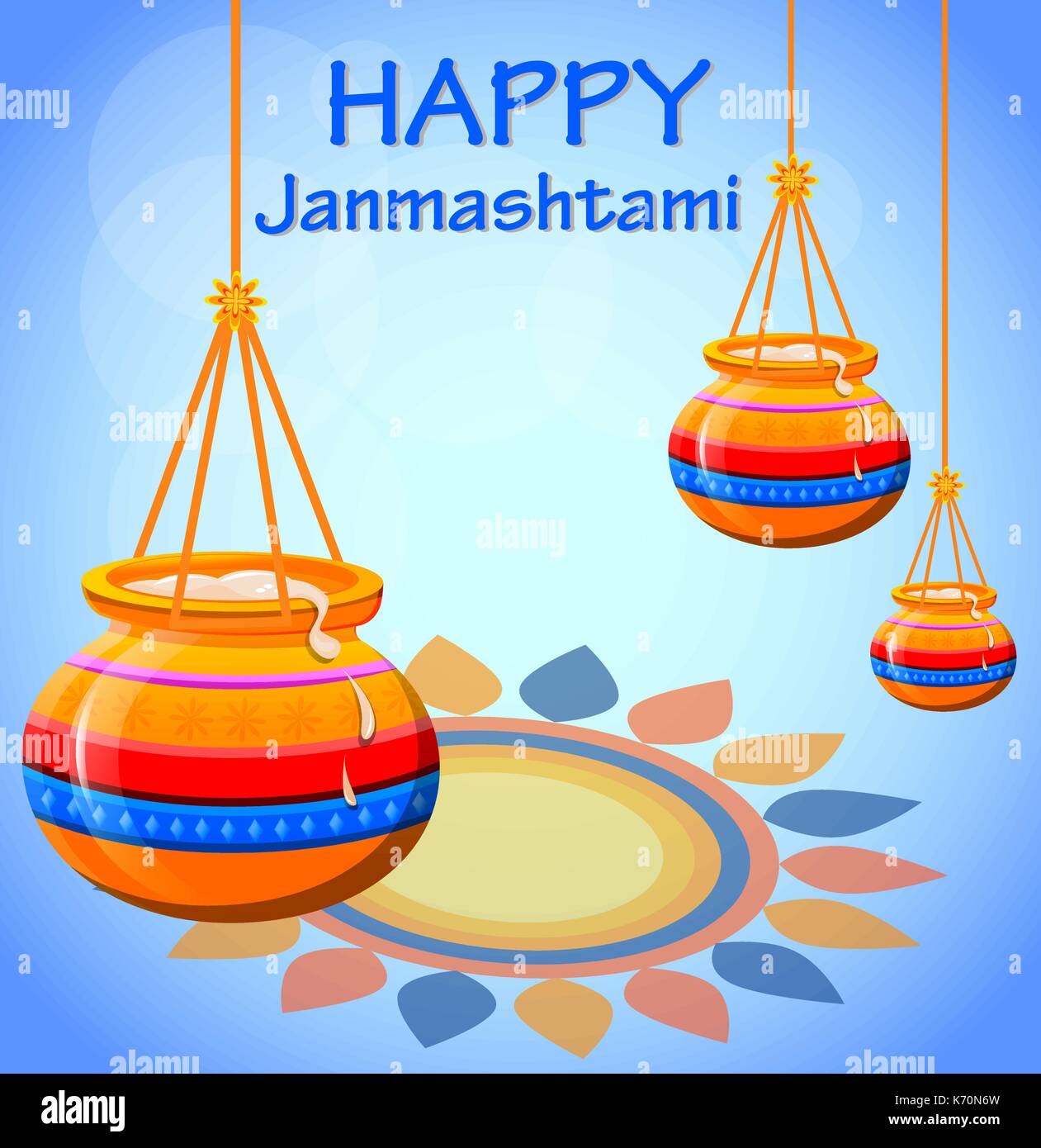 Happy Krishna Janmashtami. Pots with butter on beautiful ...