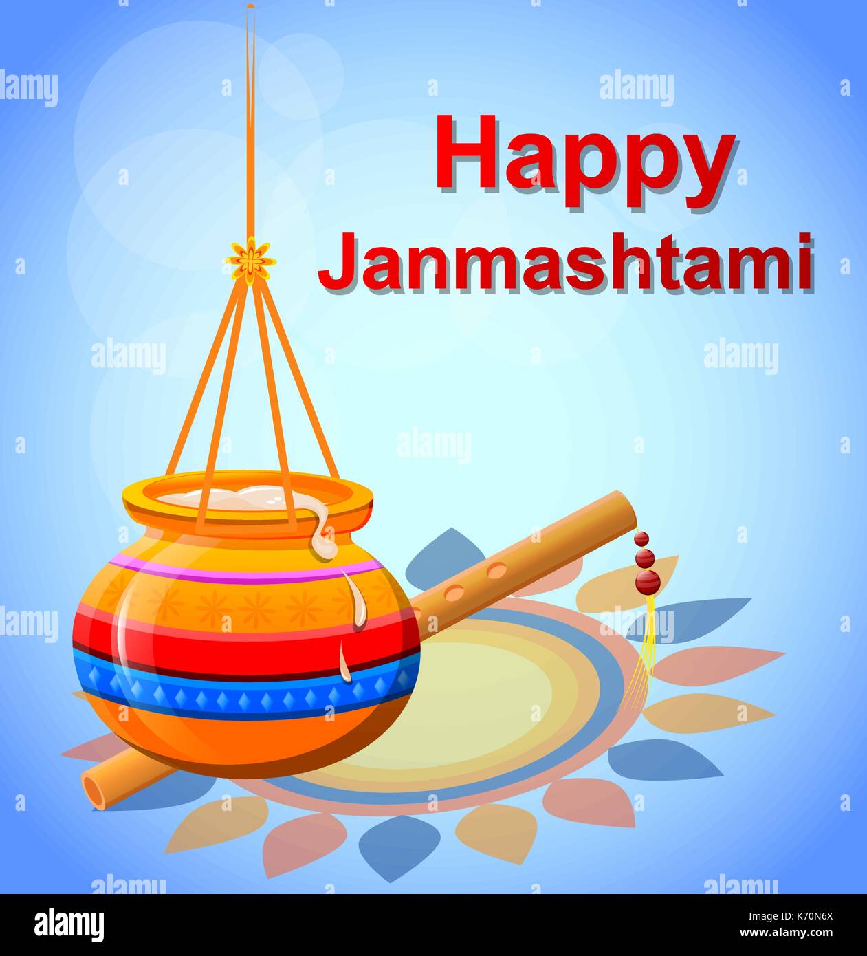 Happy Krishna Janmashtami. Pot with butter and flute on beautiful ...