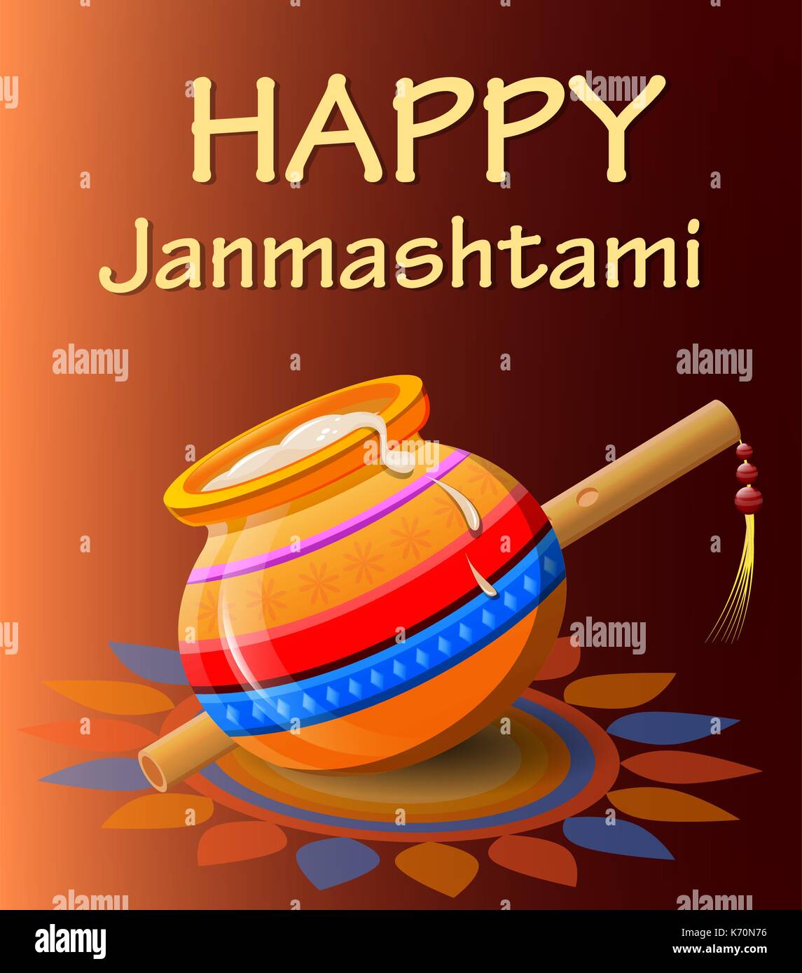 Happy Krishna Janmashtami. Pot with butter and flute on beautiful ...