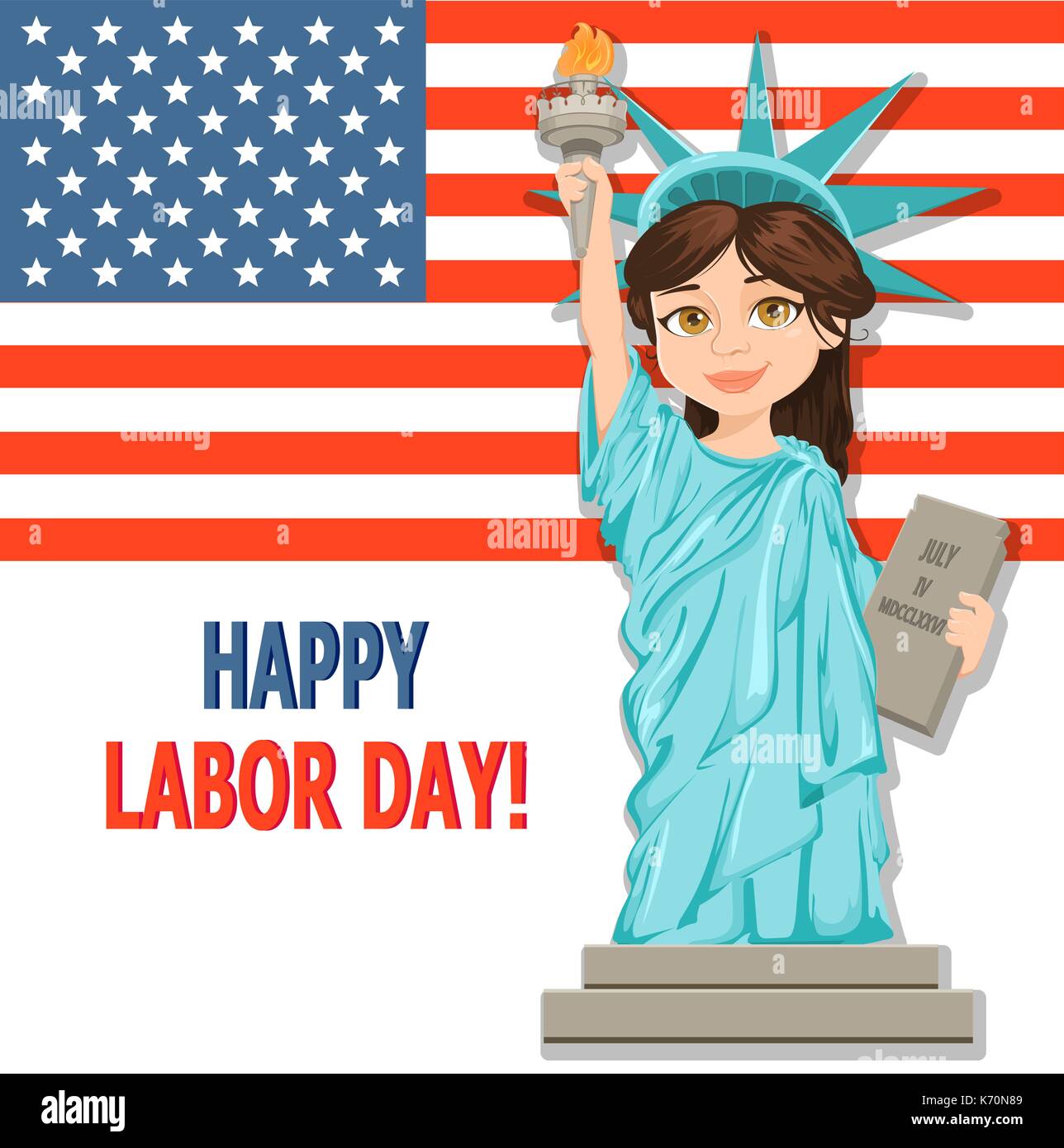 Labor Day greeting card with USA flag and girl dressed in a costume of Statue of Liberty. Vector illustration for holiday Stock Vector