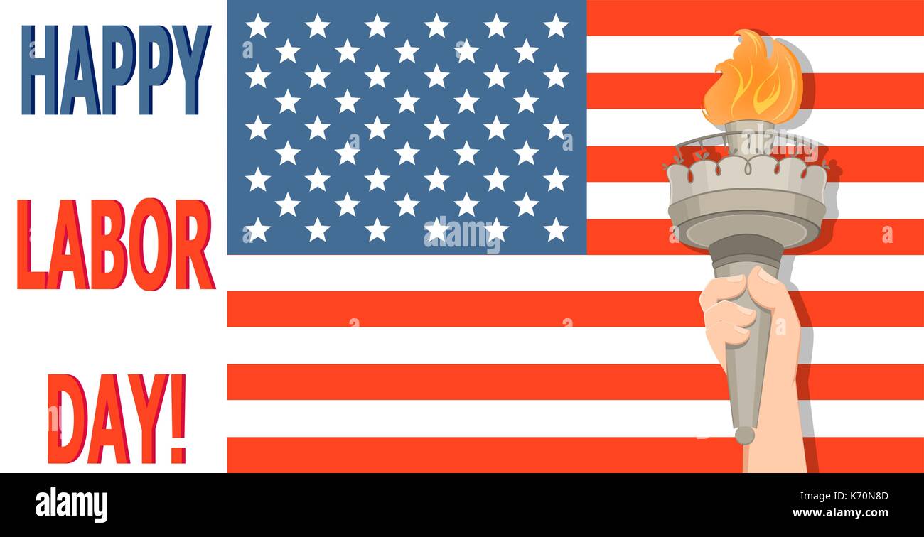 Labor Day greeting card with USA flag and Statue of Liberty hand with