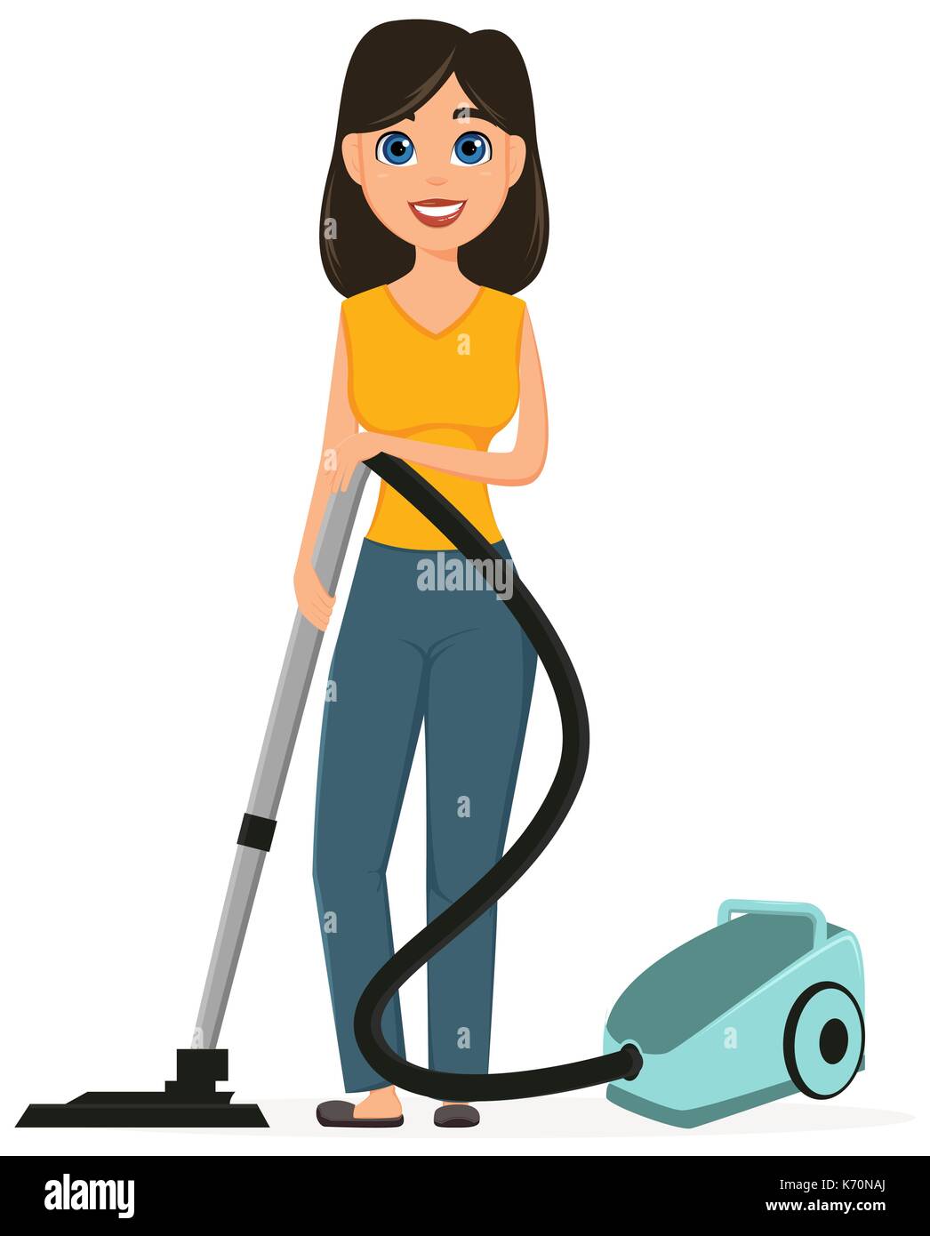 Housewife vacuuming home with a vacuum cleaner. Pretty woman doing ...