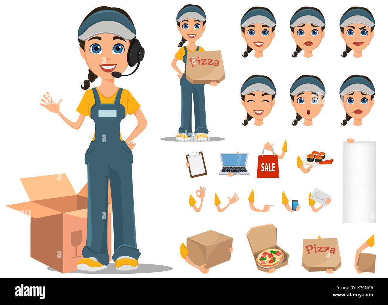 Courier woman character creation set. Professional fast delivery. Full height, various emotions, gestures. Vector illustration. Stock Vector