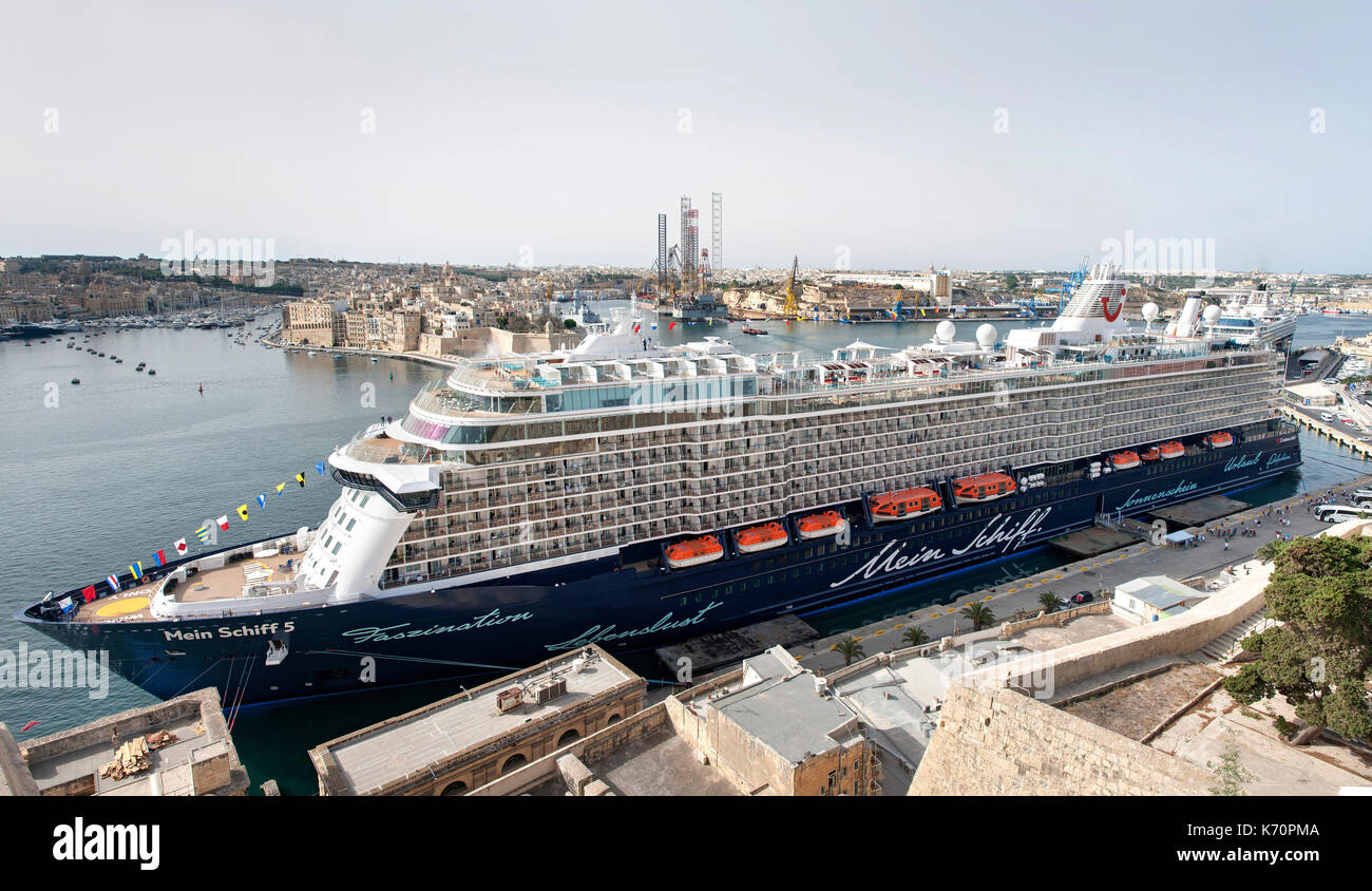The Mein Schiff 5 cruise ship docked in Grand Harbour in Valletta, Malta. Stock Photo