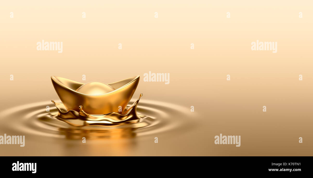Gold Sycee (Yuanbao) drop on liquid gold Stock Photo
