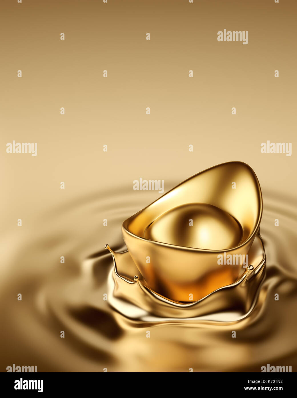 Gold Sycee (Yuanbao) drop on liquid gold Stock Photo