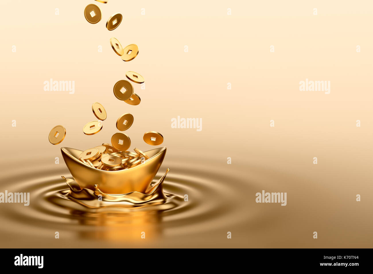 Gold sycee (Yuanbao) and gold coins dropping on liquid gold Stock Photo