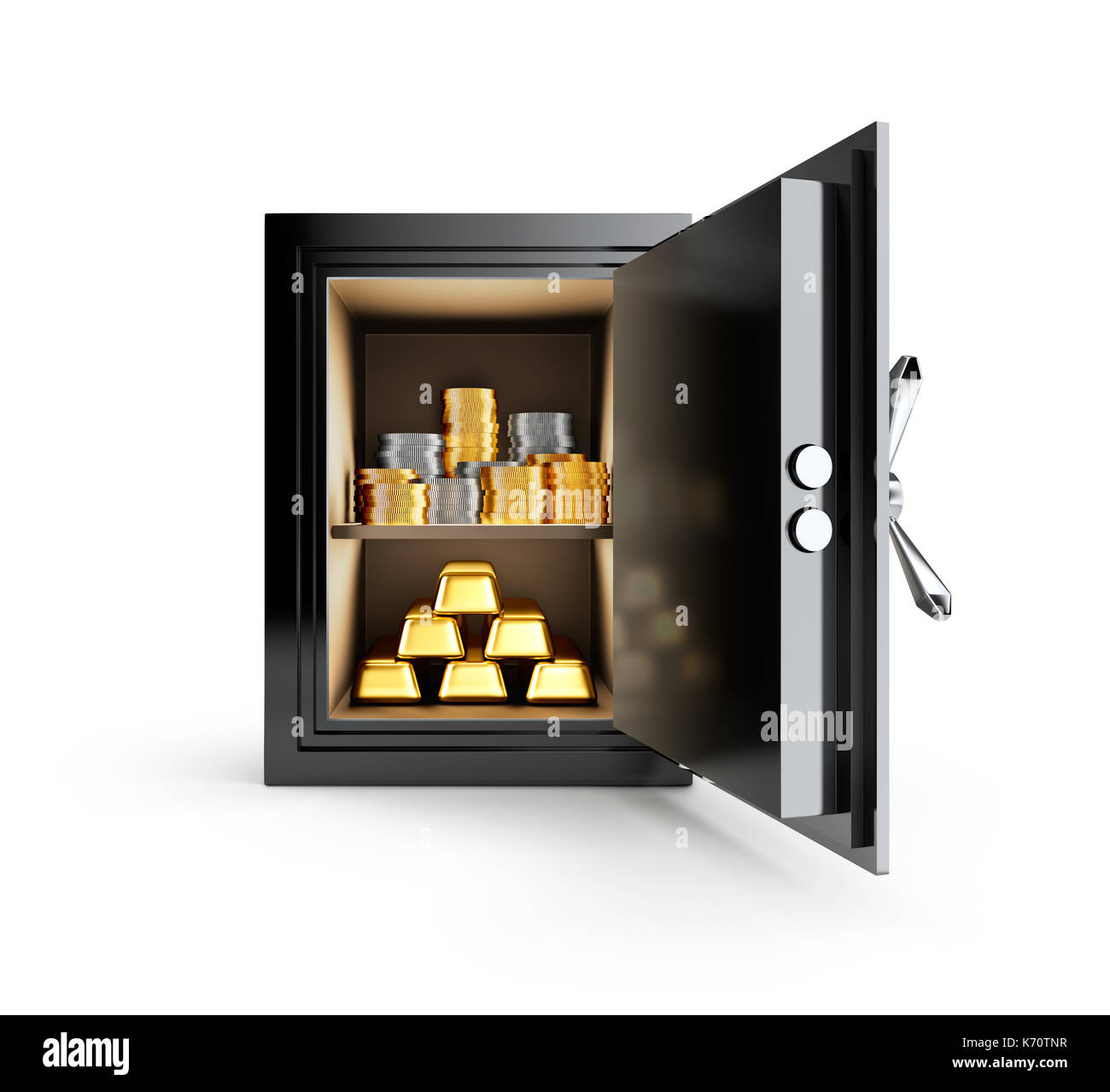 Precious metals stored in safe box isolated on white background Stock