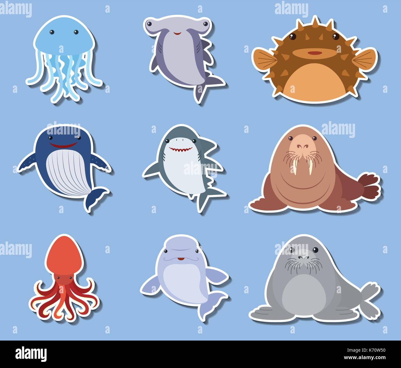 Sticker set with sea animals on blue background illustration Stock ...