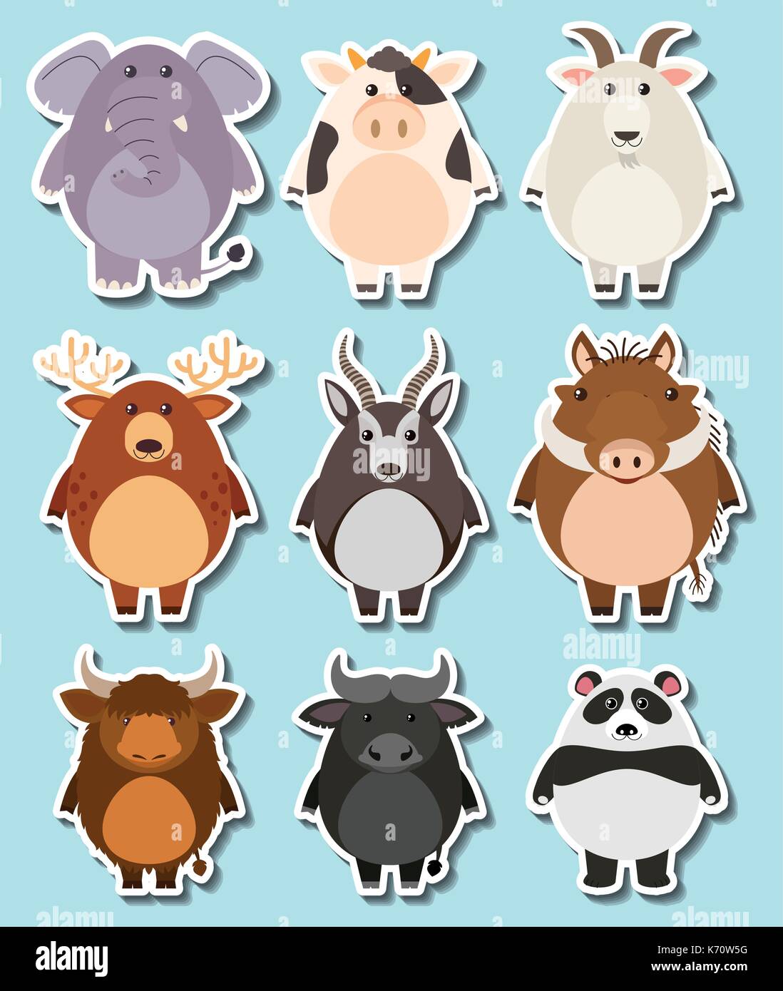 Sticker set with many wildlife on blue background illustration Stock ...