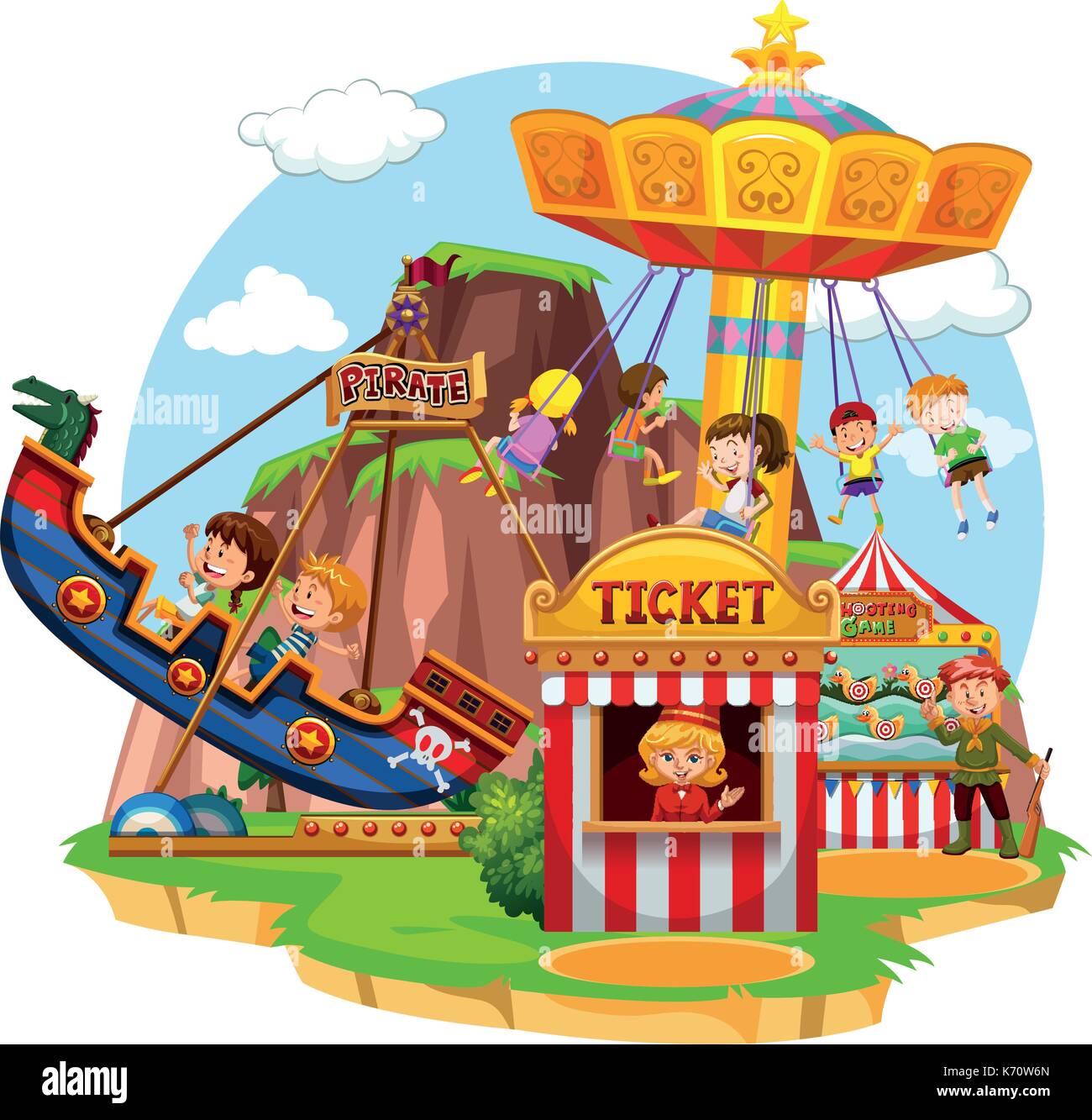 Happy children riding in funpark illustration Stock Vector