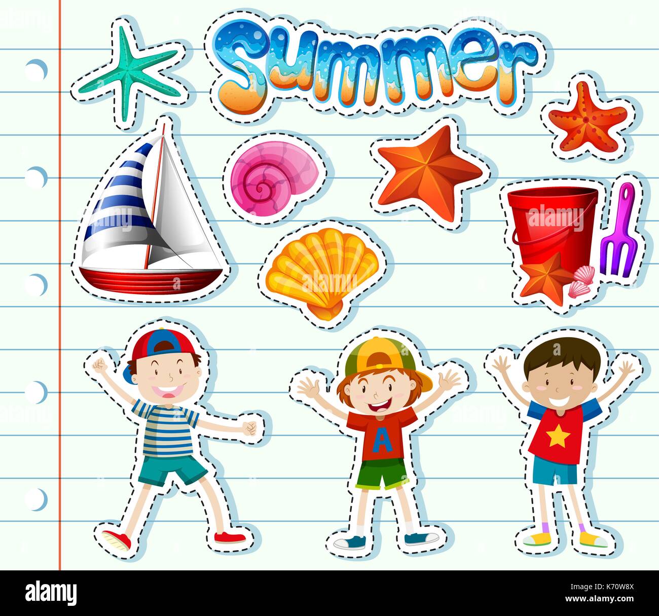 Sticker set with kids and summer items illustration Stock Vector Image ...