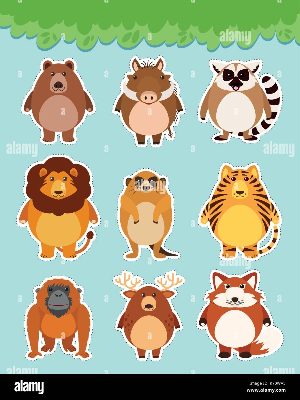 Sticker set with cute animals on blue background illustration Stock ...